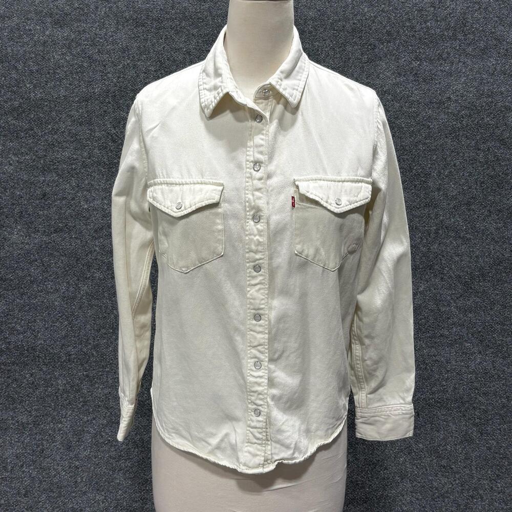 Levi's Shirt Womens Small Off White Denim Pearl Snap Western Long Sleeve Pockets